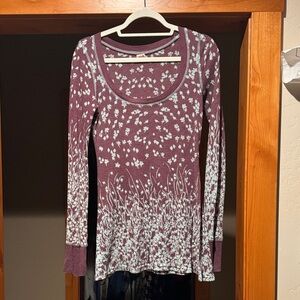 Vintage Free People Burgundy and White Floral Long Sleeve Tee